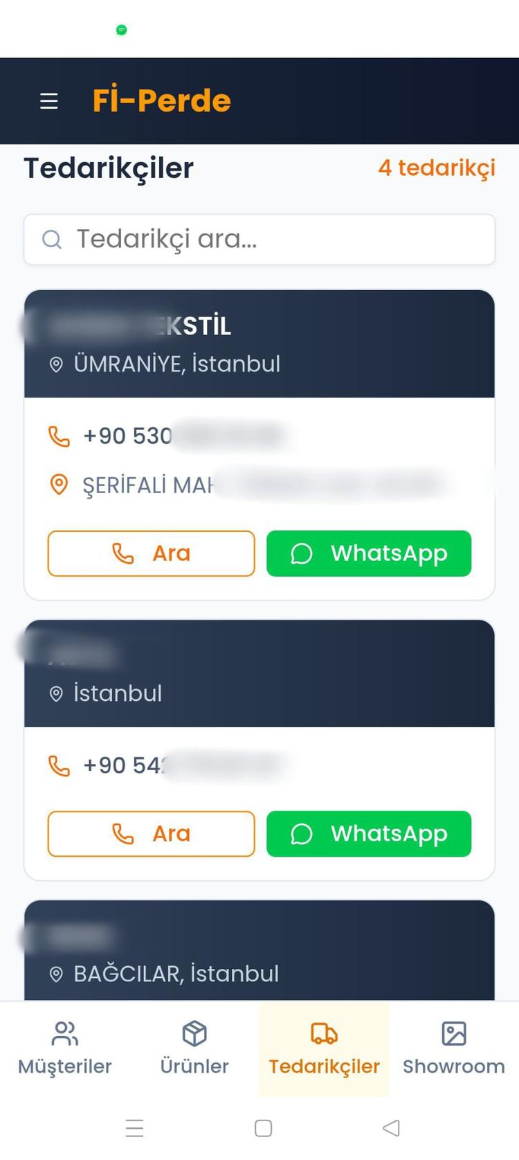 Tedarikçi Listesi Ekranı